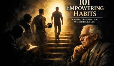 A contemplative older man sits in the foreground; behind him, figures ascend glowing steps towards light. Text reads "101 Empowering Habits." The tone is inspirational.