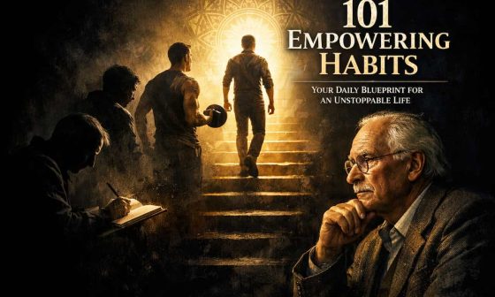 A contemplative older man sits in the foreground; behind him, figures ascend glowing steps towards light. Text reads "101 Empowering Habits." The tone is inspirational.