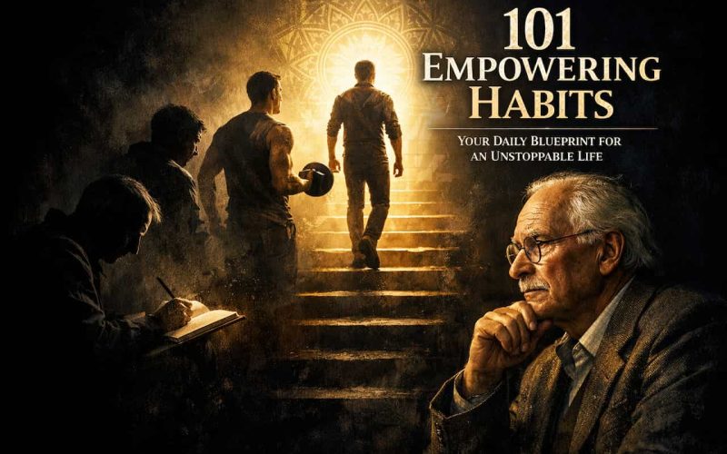 A contemplative older man sits in the foreground; behind him, figures ascend glowing steps towards light. Text reads "101 Empowering Habits." The tone is inspirational.