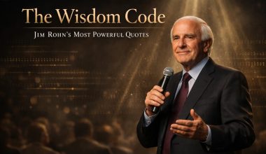 The image features an older man in a suit holding a microphone, set against a blurred audience. Text reads "The Wisdom Code: Jim Rohn's Most Powerful Quotes."
