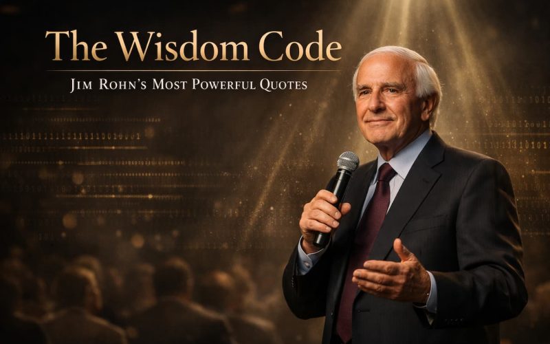 The image features an older man in a suit holding a microphone, set against a blurred audience. Text reads "The Wisdom Code: Jim Rohn's Most Powerful Quotes."