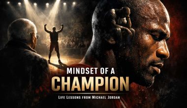 Focused man with basketball scene in profile. Older man watches triumphant player on lit court. Text reads: 'Mindset of a Champion.' Motivational tone.