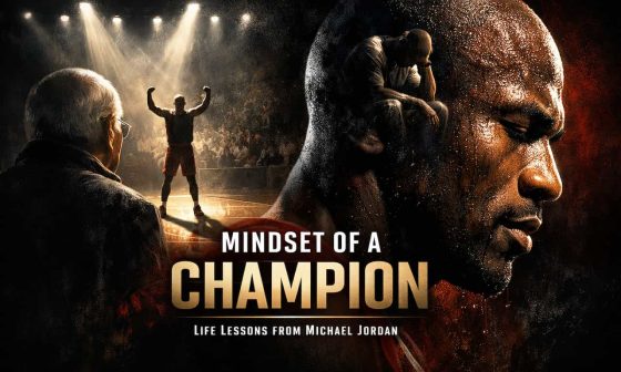 Focused man with basketball scene in profile. Older man watches triumphant player on lit court. Text reads: 'Mindset of a Champion.' Motivational tone.