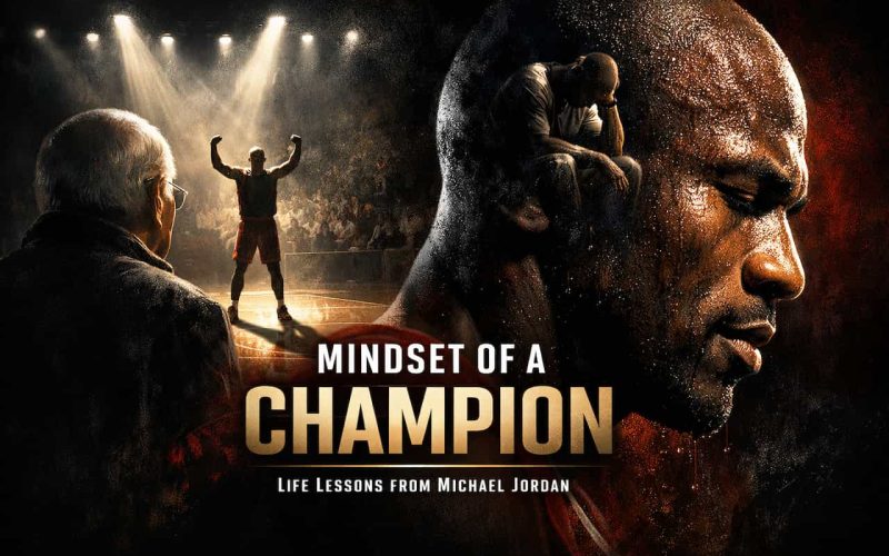 Focused man with basketball scene in profile. Older man watches triumphant player on lit court. Text reads: 'Mindset of a Champion.' Motivational tone.