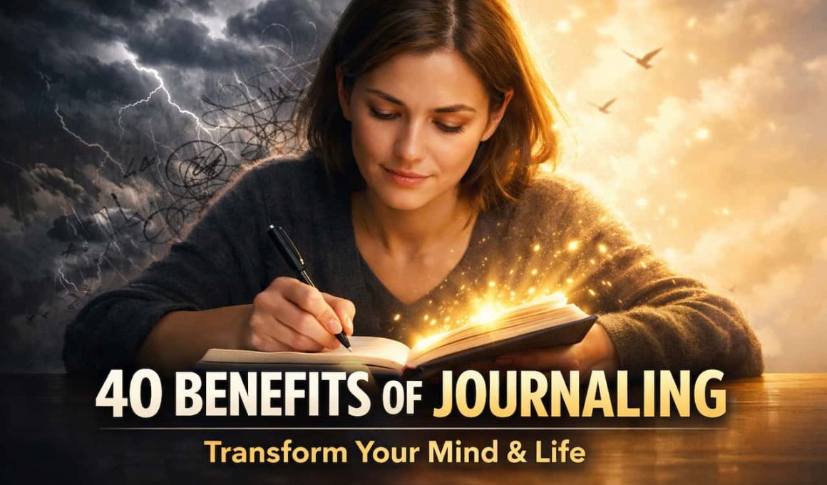 Woman journaling at a desk, surrounded by contrasting stormy and bright skies. Text overlay reads "40 Benefits of Journaling: Transform Your Mind & Life."