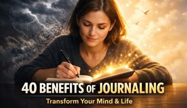 Woman journaling at a desk, surrounded by contrasting stormy and bright skies. Text overlay reads "40 Benefits of Journaling: Transform Your Mind & Life."