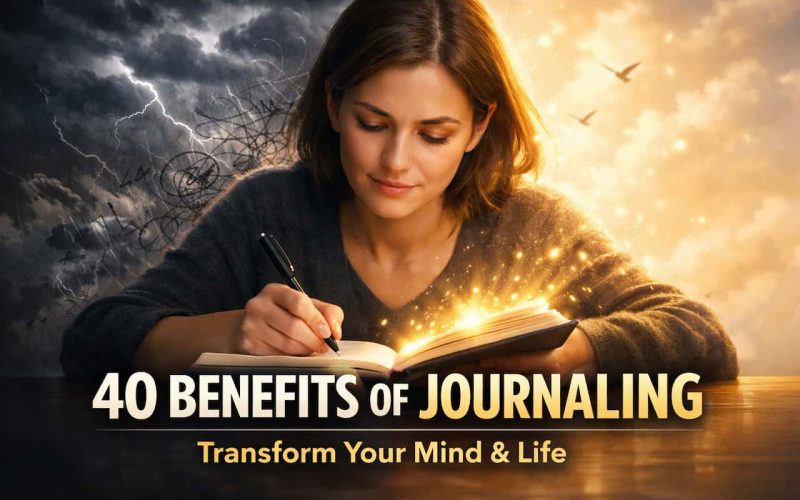 Woman journaling at a desk, surrounded by contrasting stormy and bright skies. Text overlay reads "40 Benefits of Journaling: Transform Your Mind & Life."