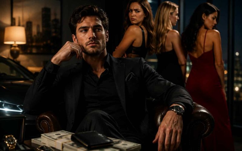 man surrounded by women