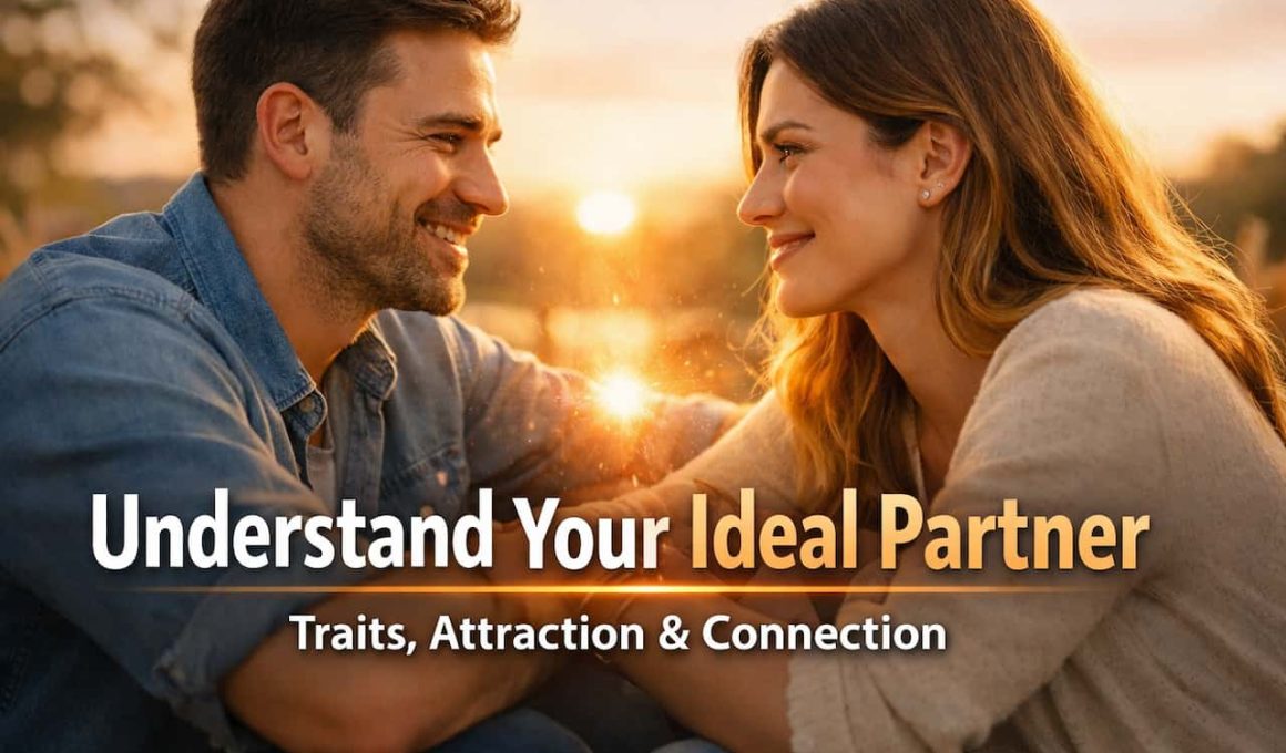 A couple sits outdoors, smiling and holding hands at sunset. Text reads, "Understand Your Ideal Partner: Traits, Attraction & Connection." Romantic and warm tone.