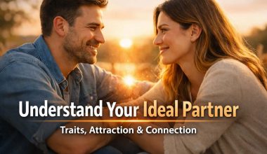 A couple sits outdoors, smiling and holding hands at sunset. Text reads, "Understand Your Ideal Partner: Traits, Attraction & Connection." Romantic and warm tone.
