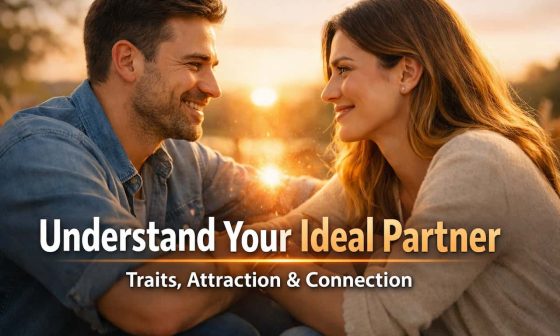 A couple sits outdoors, smiling and holding hands at sunset. Text reads, "Understand Your Ideal Partner: Traits, Attraction & Connection." Romantic and warm tone.