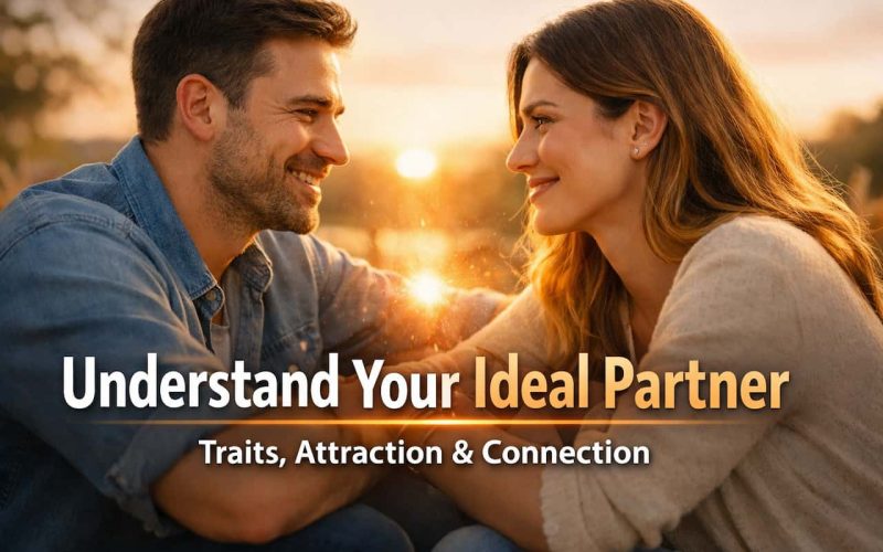 A couple sits outdoors, smiling and holding hands at sunset. Text reads, "Understand Your Ideal Partner: Traits, Attraction & Connection." Romantic and warm tone.