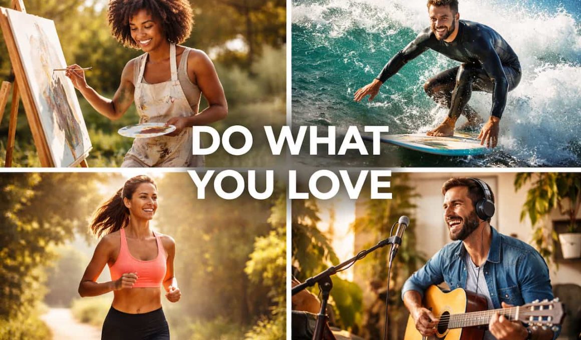 Collage of four vibrant scenes: a woman painting, a man surfing, a woman jogging, and a man playing guitar, with "Do What You Love" text overlay.