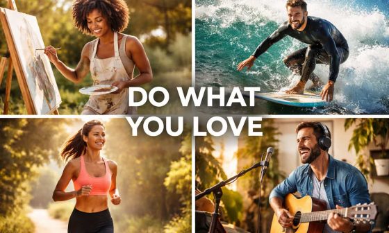 Collage of four vibrant scenes: a woman painting, a man surfing, a woman jogging, and a man playing guitar, with "Do What You Love" text overlay.