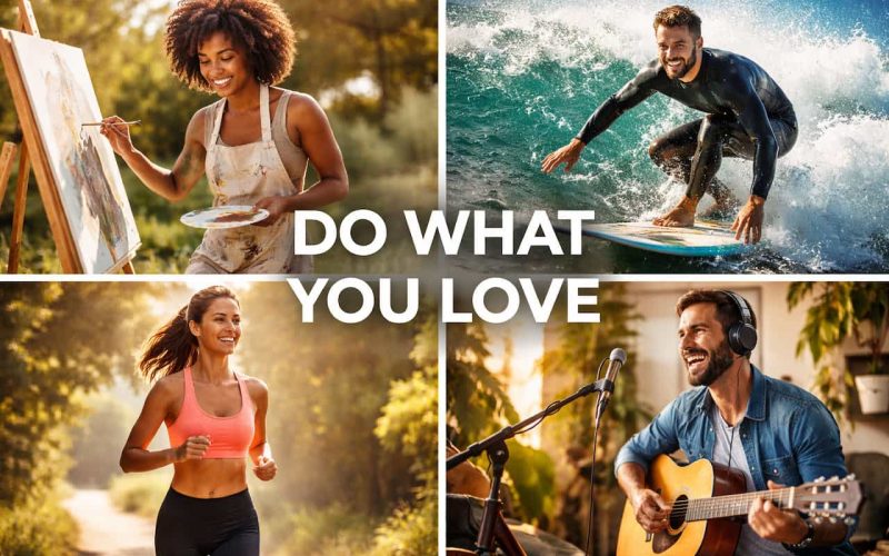 Collage of four vibrant scenes: a woman painting, a man surfing, a woman jogging, and a man playing guitar, with "Do What You Love" text overlay.