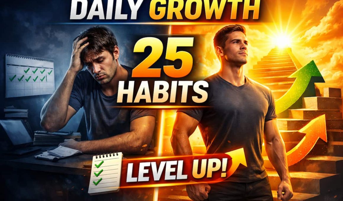 Split image: left shows a tired man at a desk with disorganized papers; right shows a confident man climbing stairs toward a bright sun. Text: "Daily Growth: 25 Habits, Level Up!"