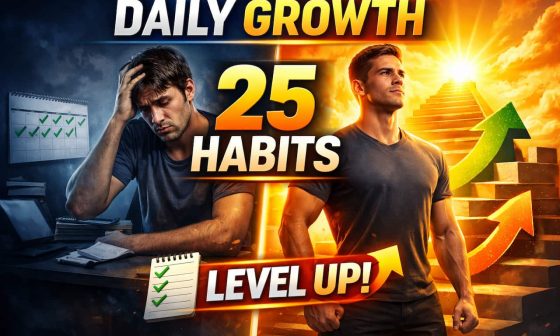 Split image: left shows a tired man at a desk with disorganized papers; right shows a confident man climbing stairs toward a bright sun. Text: "Daily Growth: 25 Habits, Level Up!"