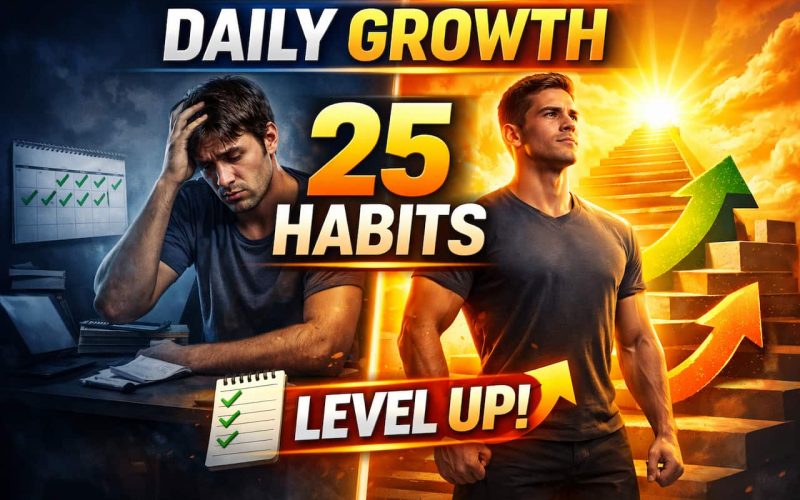 Split image: left shows a tired man at a desk with disorganized papers; right shows a confident man climbing stairs toward a bright sun. Text: "Daily Growth: 25 Habits, Level Up!"