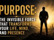 Purpose: The Invisible Force That Transforms Your Life, Mind, and Presence Silhouette of a man standing on a mountain overlooking a city at sunset. Bold text reads, "Purpose: The Invisible Force That Transforms Your Life, Mind, and Presence."