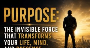 Purpose: The Invisible Force That Transforms Your Life, Mind, and Presence Silhouette of a man standing on a mountain overlooking a city at sunset. Bold text reads, "Purpose: The Invisible Force That Transforms Your Life, Mind, and Presence."