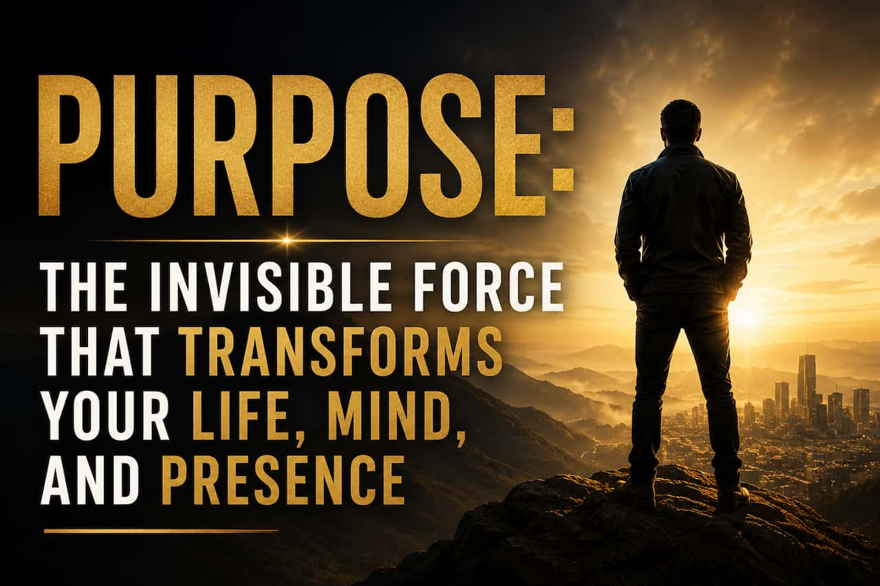 Silhouette of a man standing on a mountain overlooking a city at sunset. Bold text reads, "Purpose: The Invisible Force That Transforms Your Life, Mind, and Presence."