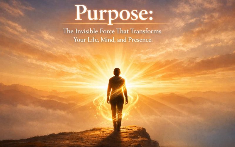A person stands on a rocky cliff at sunrise, surrounded by glowing light. Text above reads, "Purpose: The Invisible Force That Transforms Your Life, Mind, and Presence."