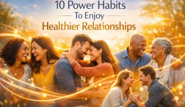 A diverse group of smiling people, two pairs embracing each other, with text "10 Power Habits to Enjoy Healthier Relationships" on a sunny, glowing backdrop.
