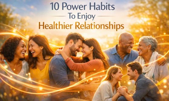 A diverse group of smiling people, two pairs embracing each other, with text "10 Power Habits to Enjoy Healthier Relationships" on a sunny, glowing backdrop.