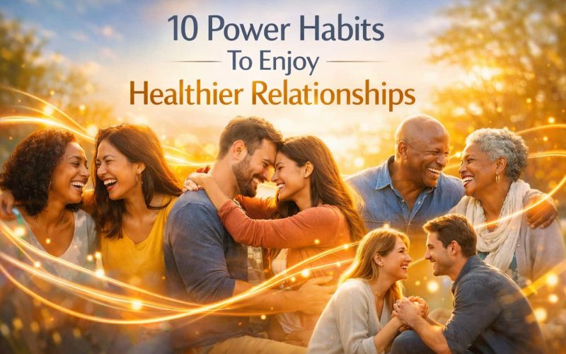 A diverse group of smiling people, two pairs embracing each other, with text "10 Power Habits to Enjoy Healthier Relationships" on a sunny, glowing backdrop.