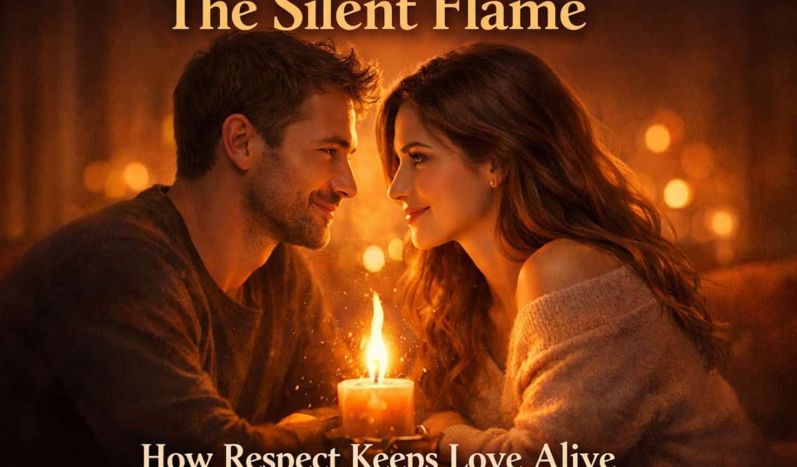 A couple gazes affectionately at each other over a candle in a warm, intimate setting. Text reads: "The Silent Flame: How Respect Keeps Love Alive."