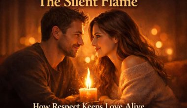 A couple gazes affectionately at each other over a candle in a warm, intimate setting. Text reads: "The Silent Flame: How Respect Keeps Love Alive."