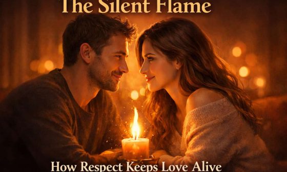 A couple gazes affectionately at each other over a candle in a warm, intimate setting. Text reads: "The Silent Flame: How Respect Keeps Love Alive."