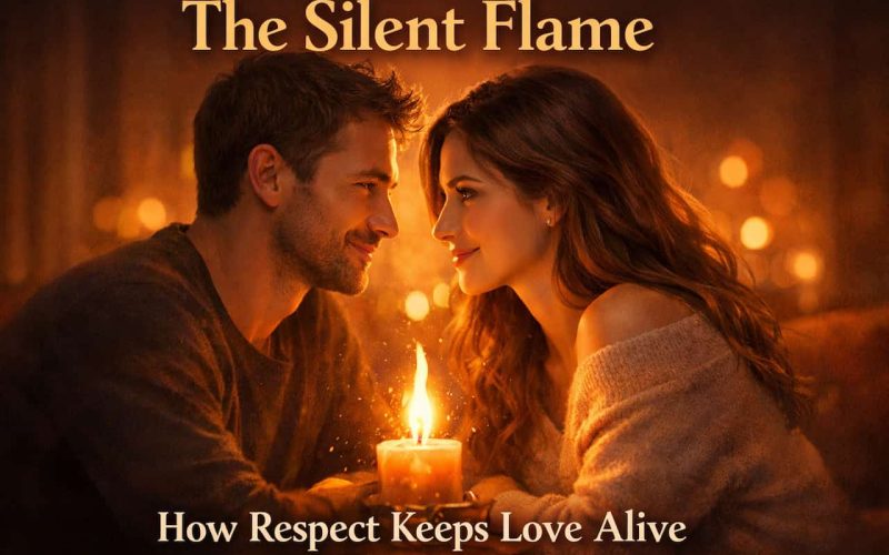 A couple gazes affectionately at each other over a candle in a warm, intimate setting. Text reads: "The Silent Flame: How Respect Keeps Love Alive."