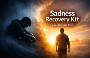 The Sadness Recovery Kit: Tools, Meditations & Wisdom for Emotional Healing A person sitting in darkness transitions to standing in sunlight, symbolizing hope and recovery. Text reads, "Sadness Recovery Kit: Heal. Rebuild. Rise."