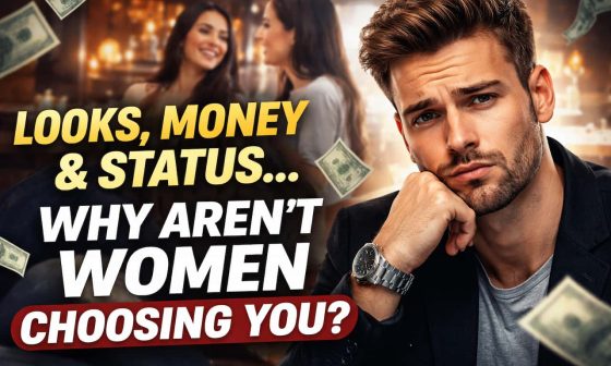 A man with a puzzled expression sits in the foreground, surrounded by floating dollar bills. In the background, two women converse in a warmly lit bar. Text reads, "Looks, money & status... Why aren’t women choosing you?" The scene suggests themes of dating and self-reflection.