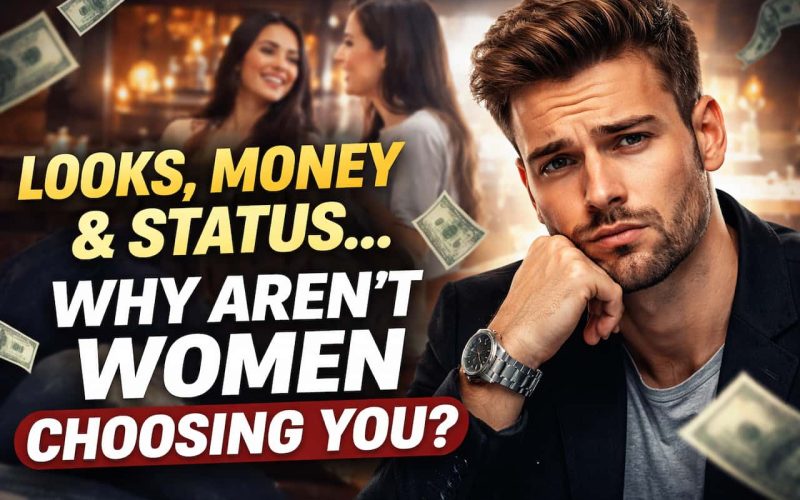A man with a puzzled expression sits in the foreground, surrounded by floating dollar bills. In the background, two women converse in a warmly lit bar. Text reads, "Looks, money & status... Why aren’t women choosing you?" The scene suggests themes of dating and self-reflection.