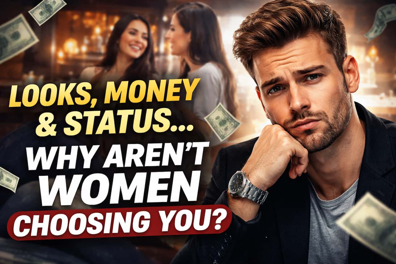 A man with a puzzled expression sits in the foreground, surrounded by floating dollar bills. In the background, two women converse in a warmly lit bar. Text reads, "Looks, money & status... Why aren’t women choosing you?" The scene suggests themes of dating and self-reflection.