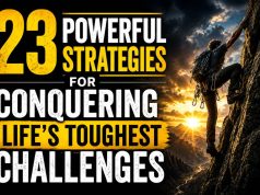 23 Powerful Strategies For Conquering Life’s Toughest Challenges A climber ascends a rocky cliff at sunset. Text reads "23 Powerful Strategies for Conquering Life’s Toughest Challenges," evoking determination and strength.