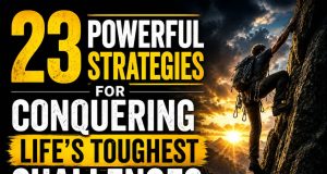 23 Powerful Strategies For Conquering Life’s Toughest Challenges A climber ascends a rocky cliff at sunset. Text reads "23 Powerful Strategies for Conquering Life’s Toughest Challenges," evoking determination and strength.