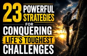 23 Powerful Strategies For Conquering Life’s Toughest Challenges A climber ascends a rocky cliff at sunset. Text reads "23 Powerful Strategies for Conquering Life’s Toughest Challenges," evoking determination and strength.