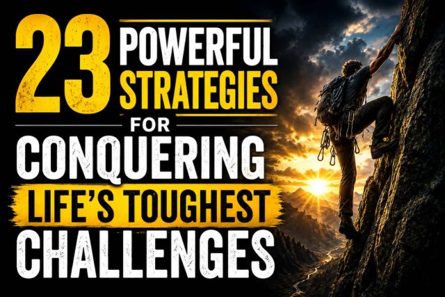 A climber ascends a rocky cliff at sunset. Text reads "23 Powerful Strategies for Conquering Life’s Toughest Challenges," evoking determination and strength.