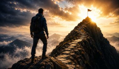 Determined hiker standing on a mountain ridge facing a challenging path to a summit at sunrise, symbolizing resilience, perseverance, personal growth, and overcoming life's toughest challenges.