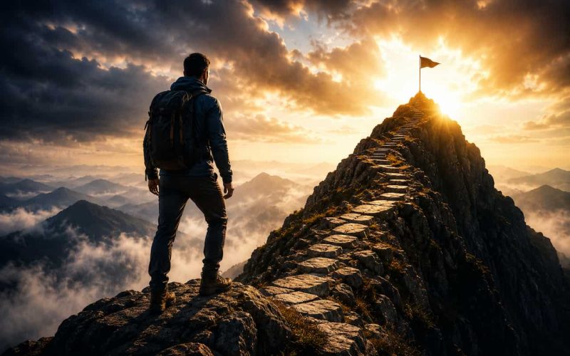 Determined hiker standing on a mountain ridge facing a challenging path to a summit at sunrise, symbolizing resilience, perseverance, personal growth, and overcoming life's toughest challenges.