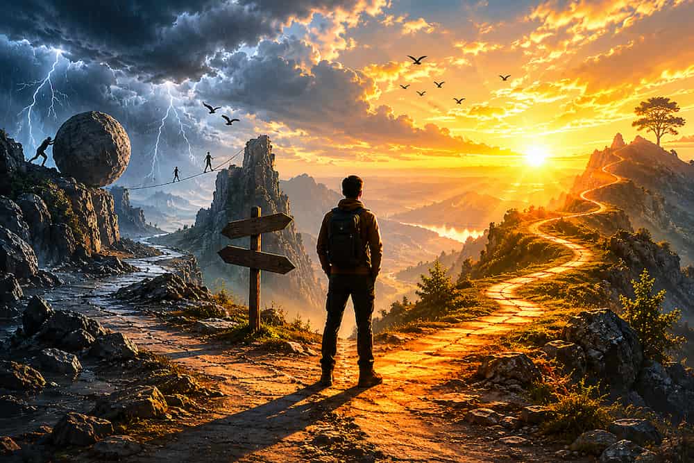 A person stands at a fork in a rocky path, one side stormy and dangerous, the other sunny and inviting, with dramatic skies and mountains in the background.