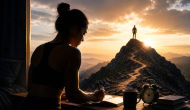 Focused woman writing in a journal at sunrise with a mountain peak in the background, symbolizing self-discipline, goal setting, persistence, and personal growth.