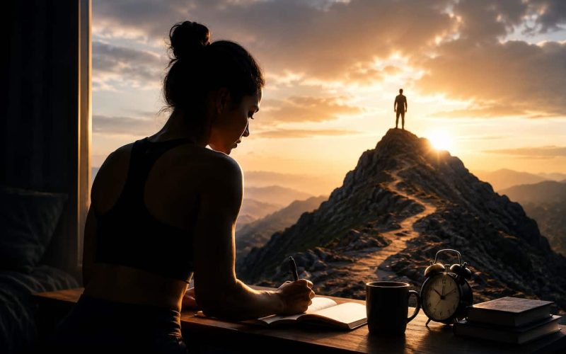 Focused woman writing in a journal at sunrise with a mountain peak in the background, symbolizing self-discipline, goal setting, persistence, and personal growth.