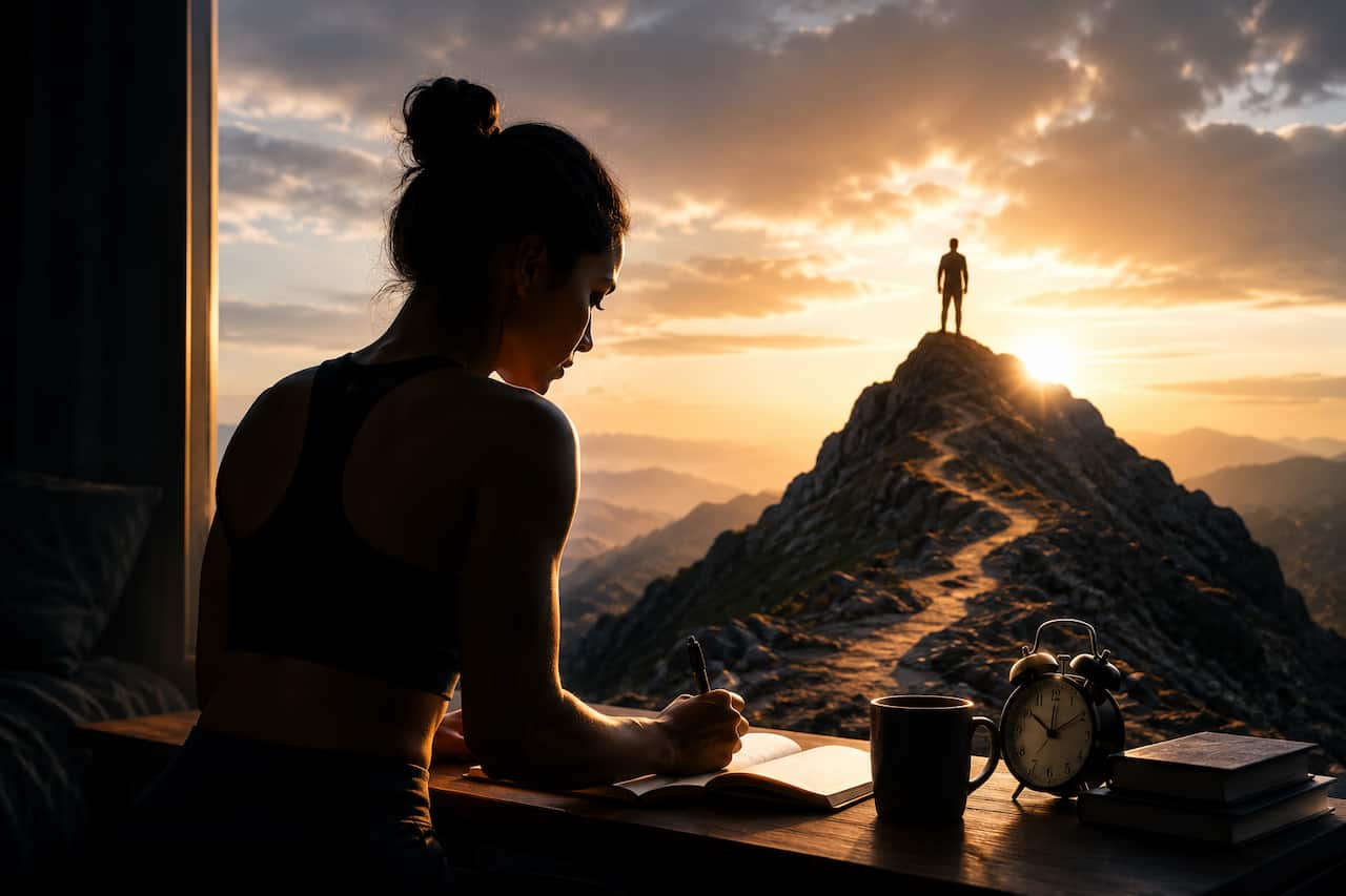 Focused woman writing in a journal at sunrise with a mountain peak in the background, symbolizing self-discipline, goal setting, persistence, and personal growth.