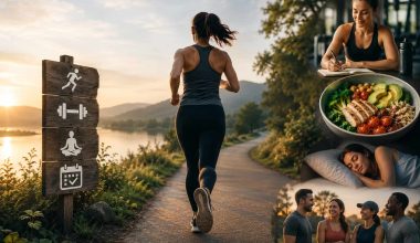A cinematic outdoor fitness scene at sunrise showing a woman running along a peaceful lakeside path, symbolizing consistency and long-term health. The composition includes visual elements of balanced living—healthy meals, journaling, sleep, and social connection—blending into a warm, natural landscape that conveys motivation, discipline, and sustainable exercise habits.