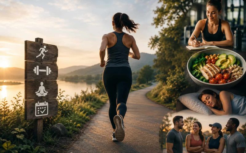 A cinematic outdoor fitness scene at sunrise showing a woman running along a peaceful lakeside path, symbolizing consistency and long-term health. The composition includes visual elements of balanced living—healthy meals, journaling, sleep, and social connection—blending into a warm, natural landscape that conveys motivation, discipline, and sustainable exercise habits.
