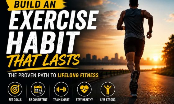 man running in sunset next to the title: build an exercise habit that lasts